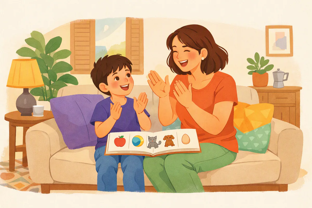 Mamma e bambino sul divano cantano battendo le mani, sulle gambe un libro con le figure di mela, palla, gatto, cane e uovo