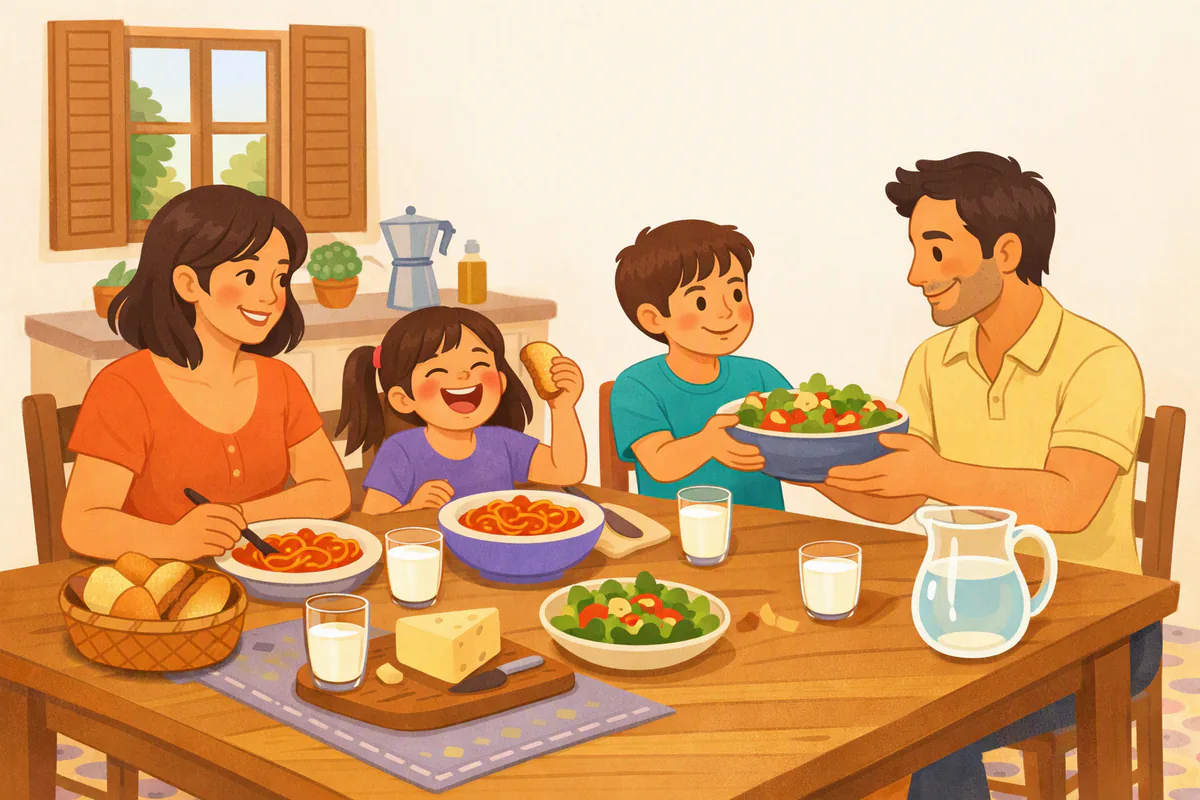 Una famiglia a pranzo: pasta al pomodoro, insalata, pane e formaggio; la bambina alza un pezzo di pane e ride, il fratello passa l'insalata