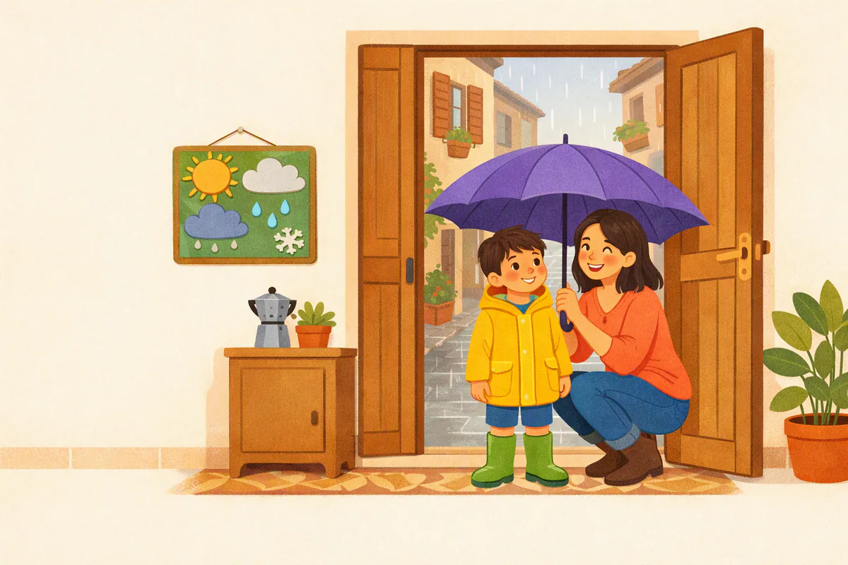 Un bambino con l'impermeabile giallo e gli stivali da pioggia sulla porta di casa, la mamma apre un ombrello viola; fuori piove
