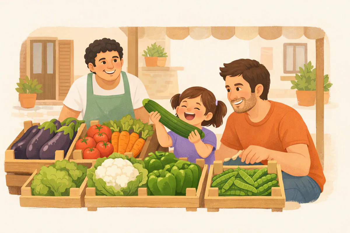 Al mercato una bambina alza una zucchina tra cassette di pomodori, melanzane, carote e cavolfiore, il papà sorride