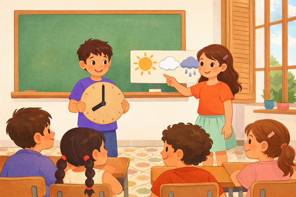 Due alunni di quarta recitano un dialogo davanti alla classe con un orologio di cartone e un tabellone del tempo