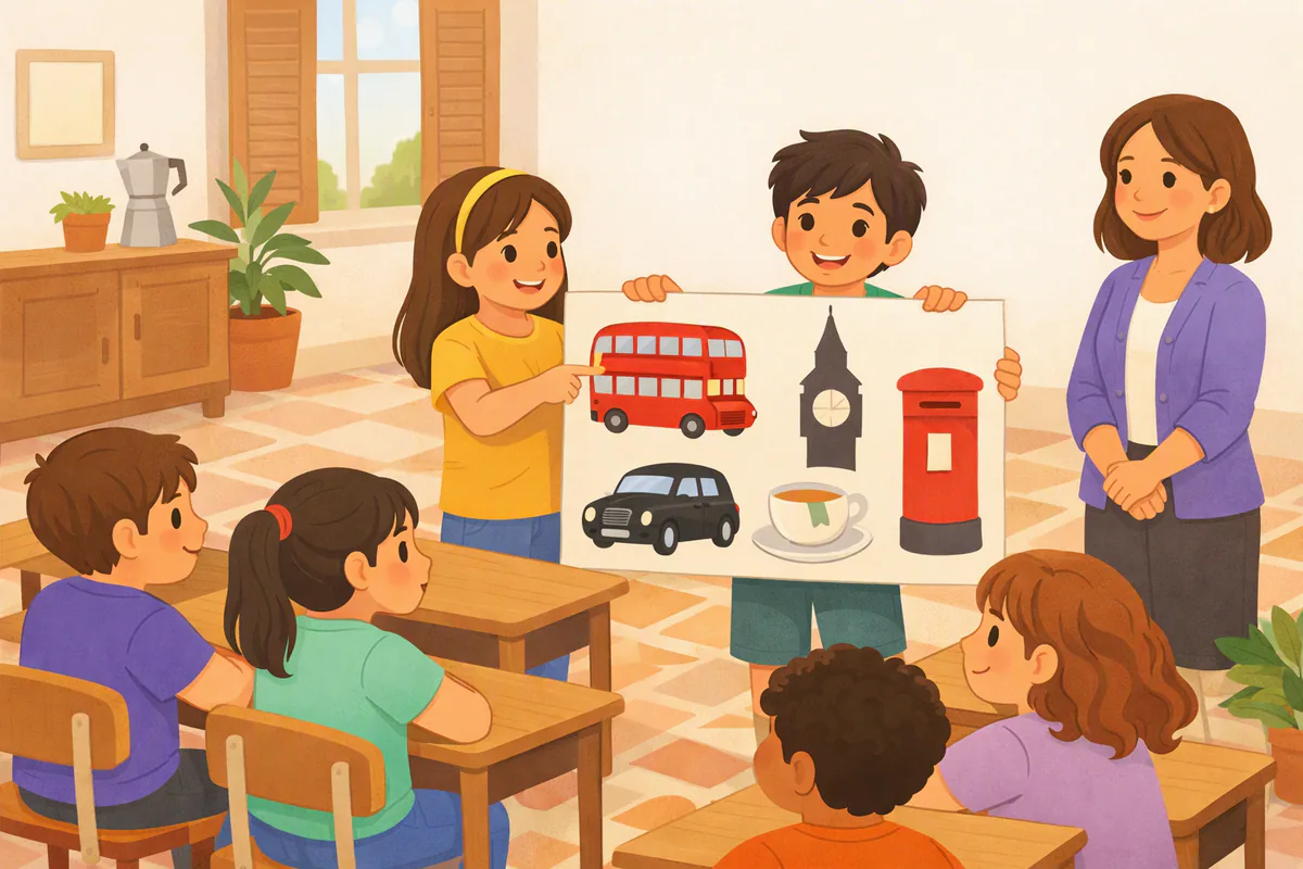 Due alunni di quinta presentano alla classe un cartellone illustrato sull'Inghilterra: autobus rosso, taxi e torre dell'orologio