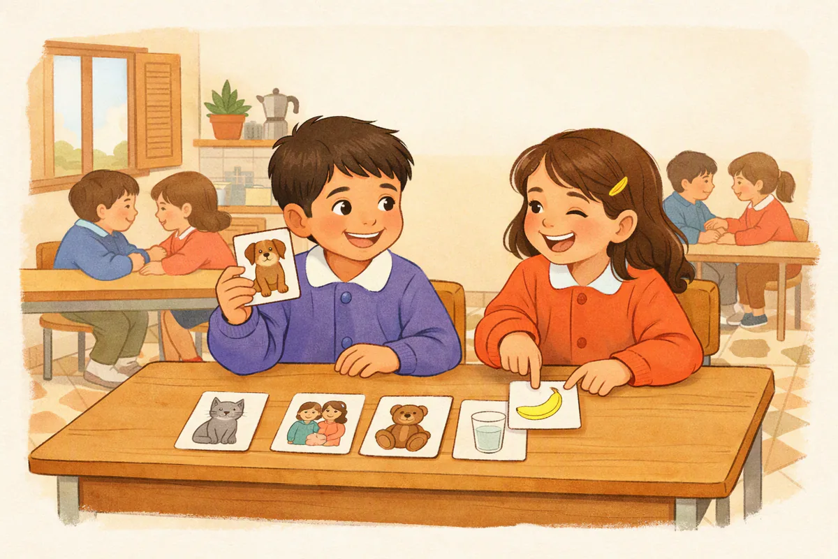 Due bambini di seconda elementare giocano con carte illustrate al banco: animali, cibo, famiglia e giocattoli