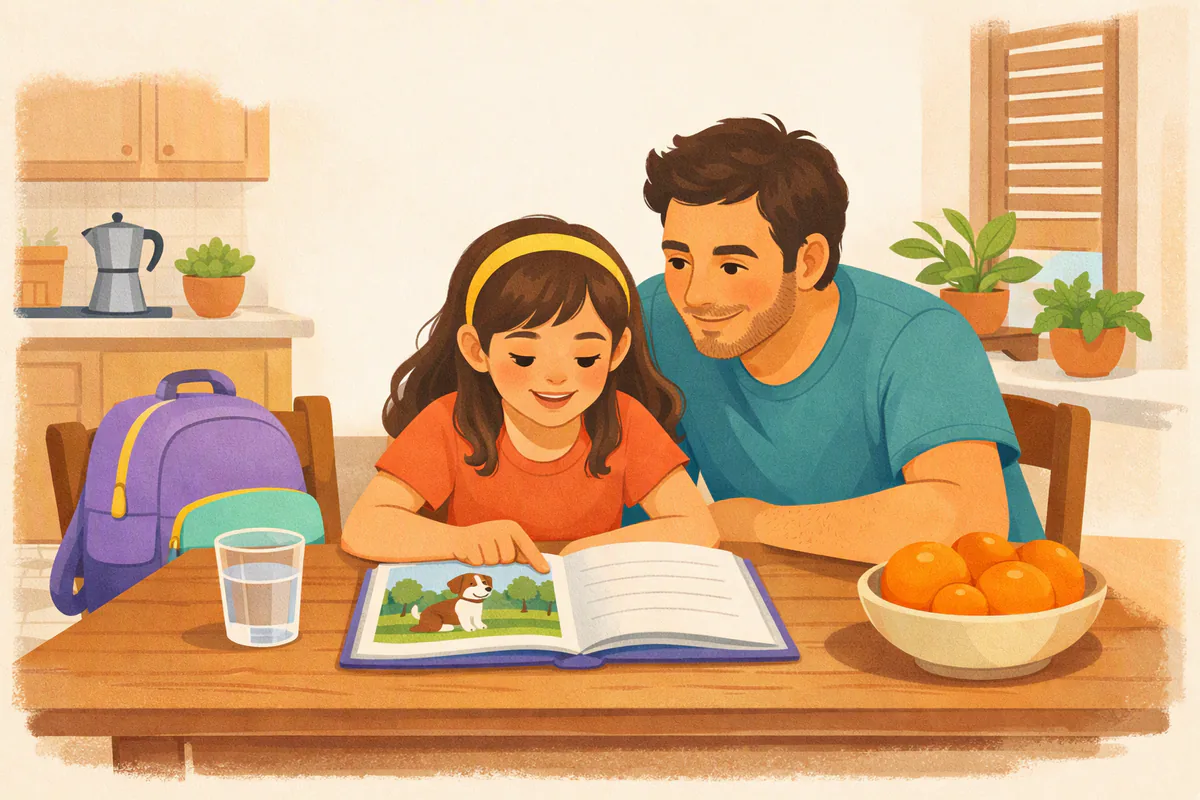 Una bambina di terza elementare legge ad alta voce un libretto illustrato al tavolo della cucina, il papà la ascolta