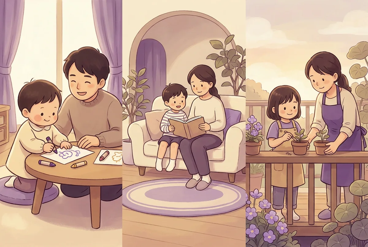幼児、低学年、高学年の3人の子供がそれぞれの年齢に合った活動を親と一緒に行っている様子を並べたイラスト