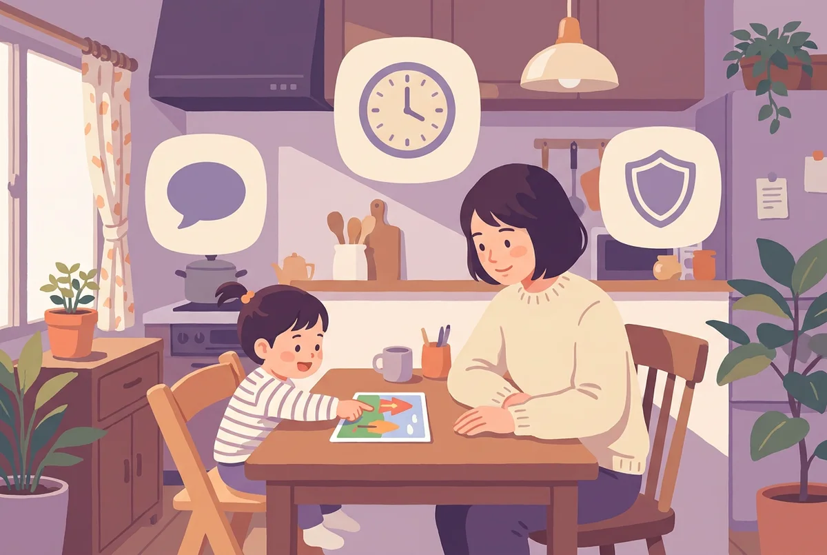チェックリストを見ながら、キッチンのテーブルで絵カードを指さす子供とそれを見守る親のイラスト