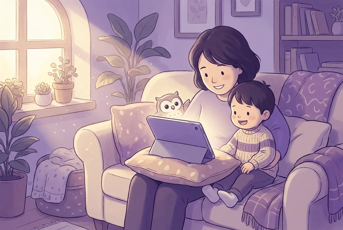 リビングのソファに並んで座り、タブレットの画面を見ながら笑っている親子のイラスト