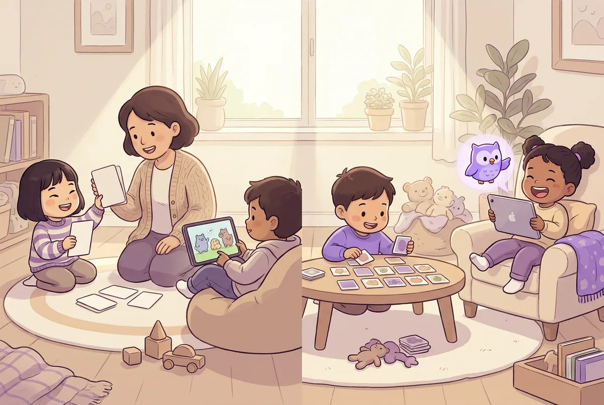 フラッシュカードを見る子供、アニメを見る子供、マッチングゲームで遊ぶ子供、タブレットに向かって話しかける子供の4つの場面を並べたイラスト