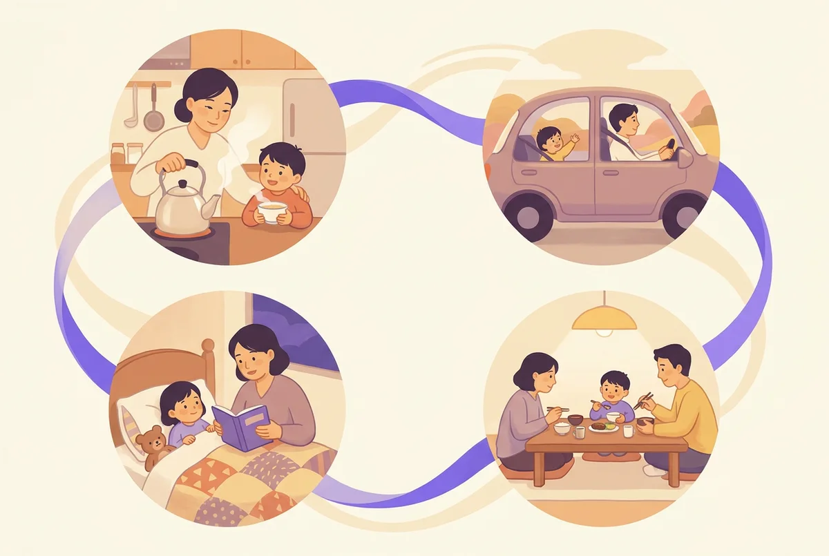 朝の身支度、車での移動、食事の準備、就寝前の読み聞かせという4つの場面を並べた1日のルーティンのイラスト