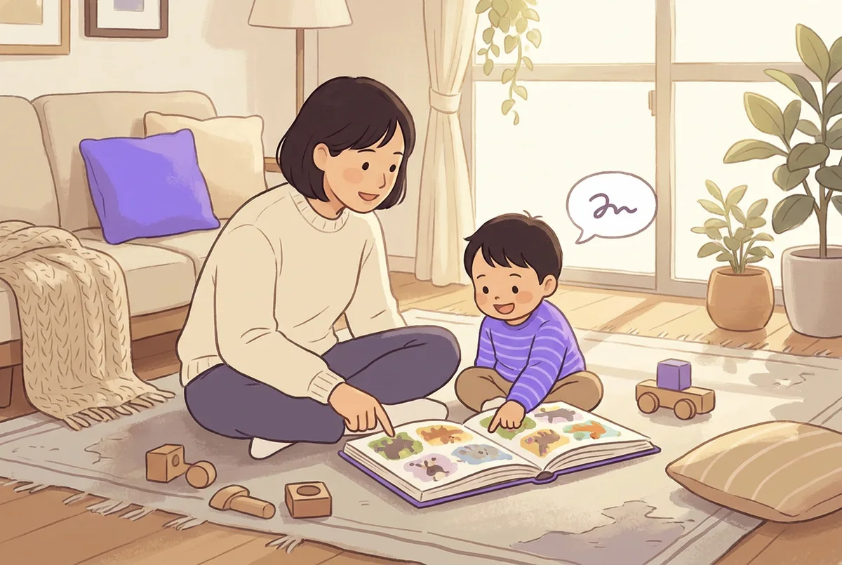 リビングの床に座り、絵本を広げながら英語の言葉を声に出す幼児とそれを見守る親のイラスト