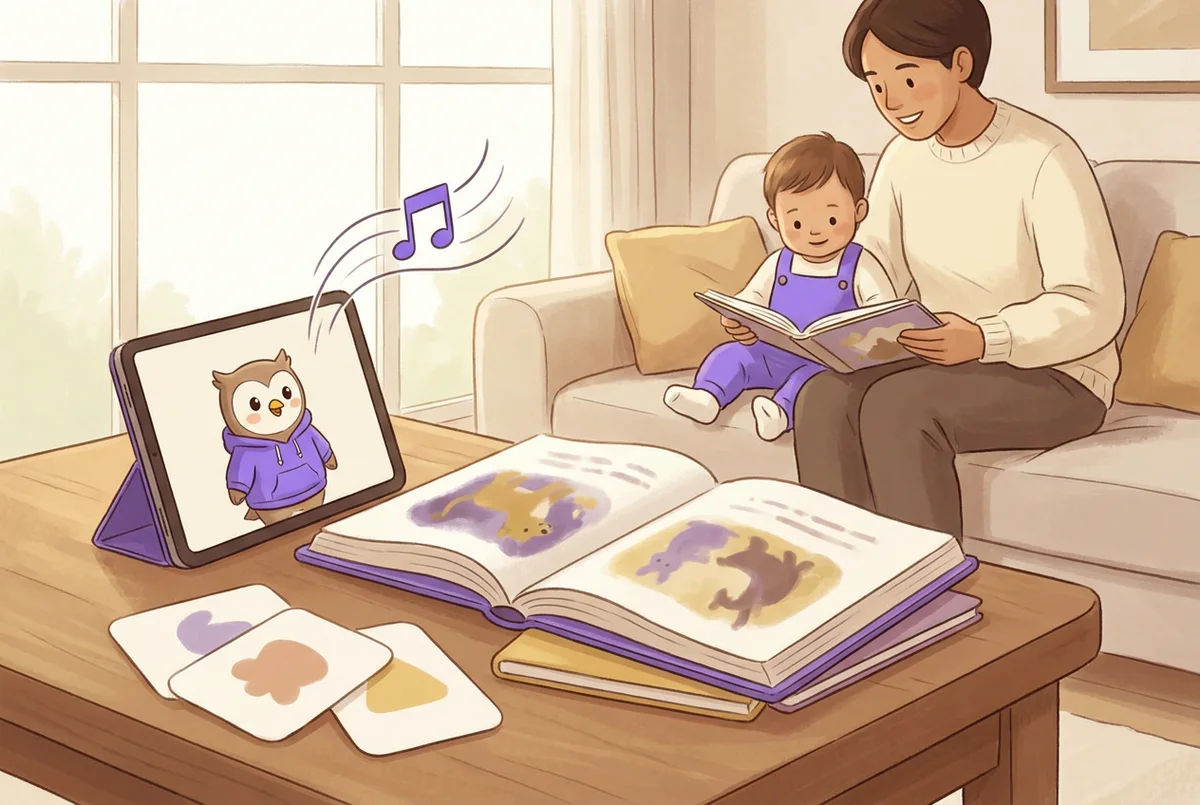 絵本、単語カード、タブレットのアプリ画面、音符のマークを並べた家庭学習教材のイラスト