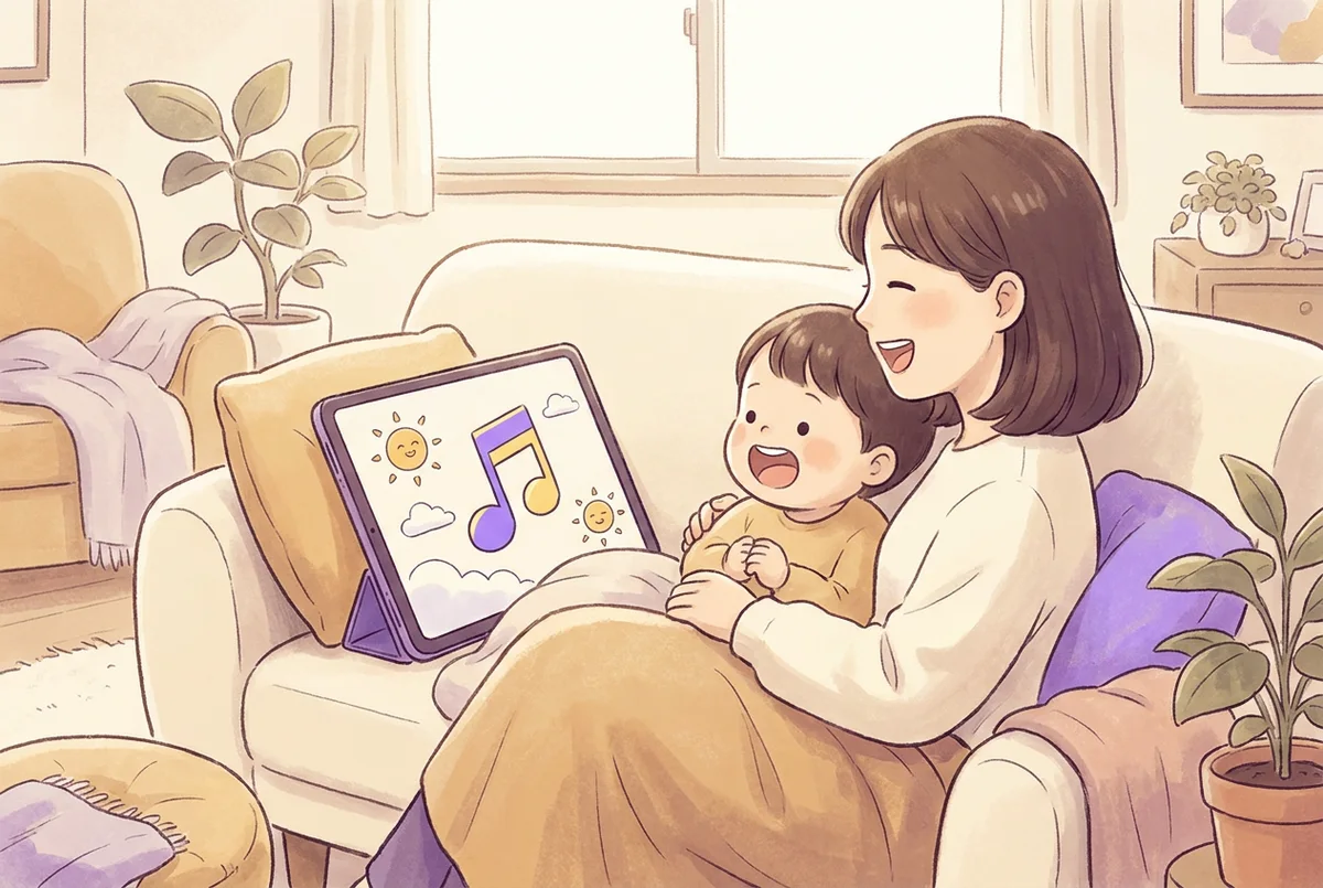 タブレットの画面を見ながら親子で一緒に歌を口ずさんでいる様子のイラスト