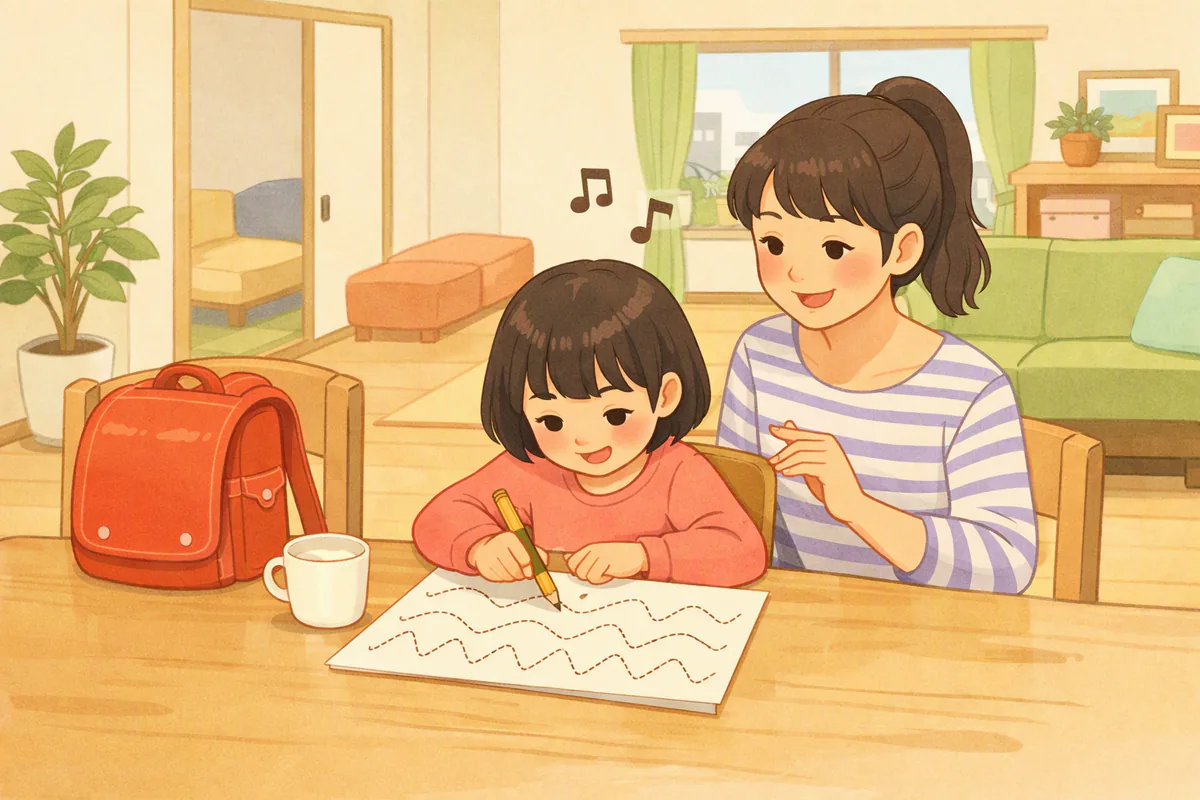 ダイニングで小学1年生くらいの女の子がなぞり書きの点線をたどり、隣で母親が歌いながら拍子をとっている