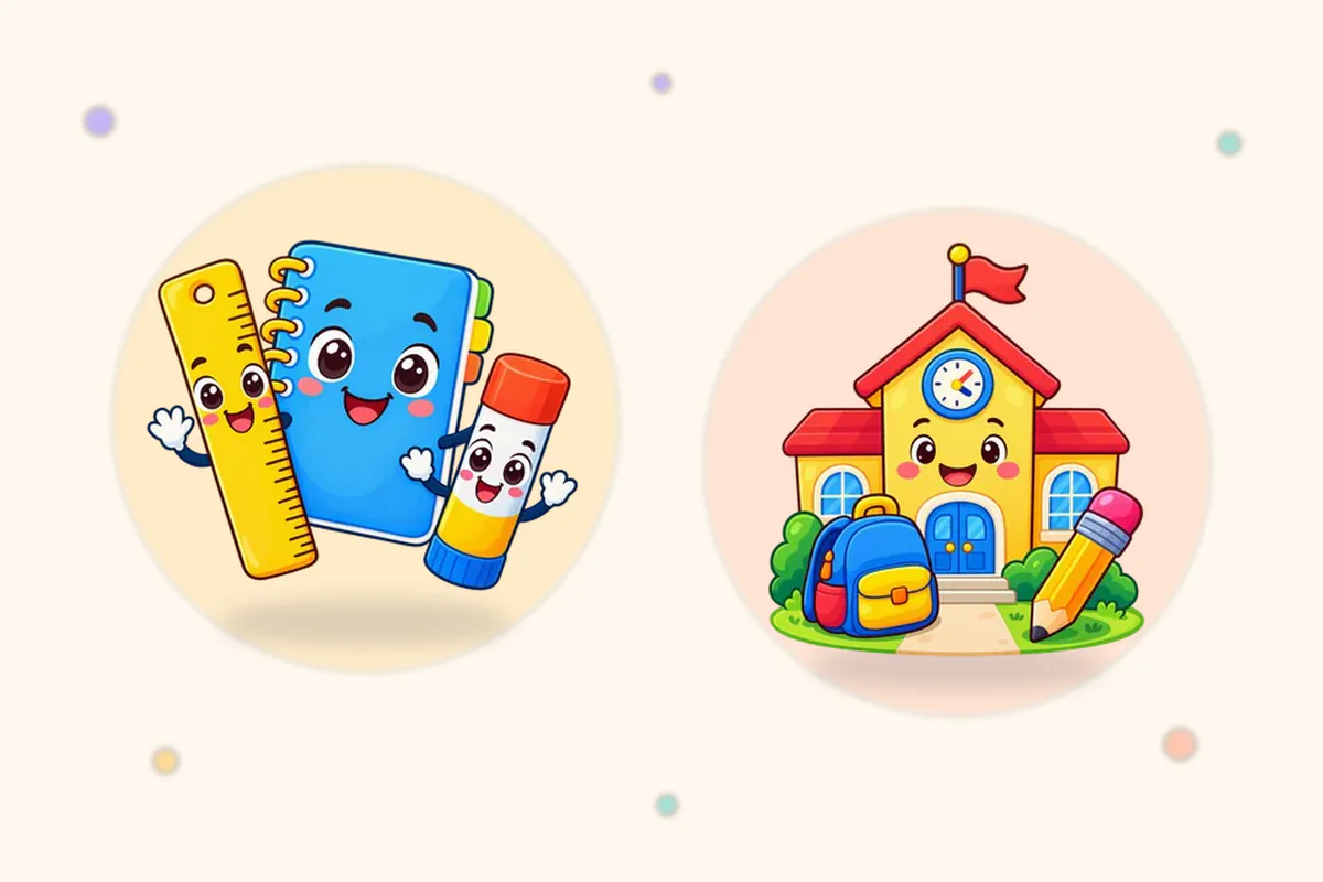 定規・ノート・のりと、ランドセルとえんぴつのある学校のイラスト(Lumi Kidsアプリの「きょうしつ」と「がっこう」の島の絵)