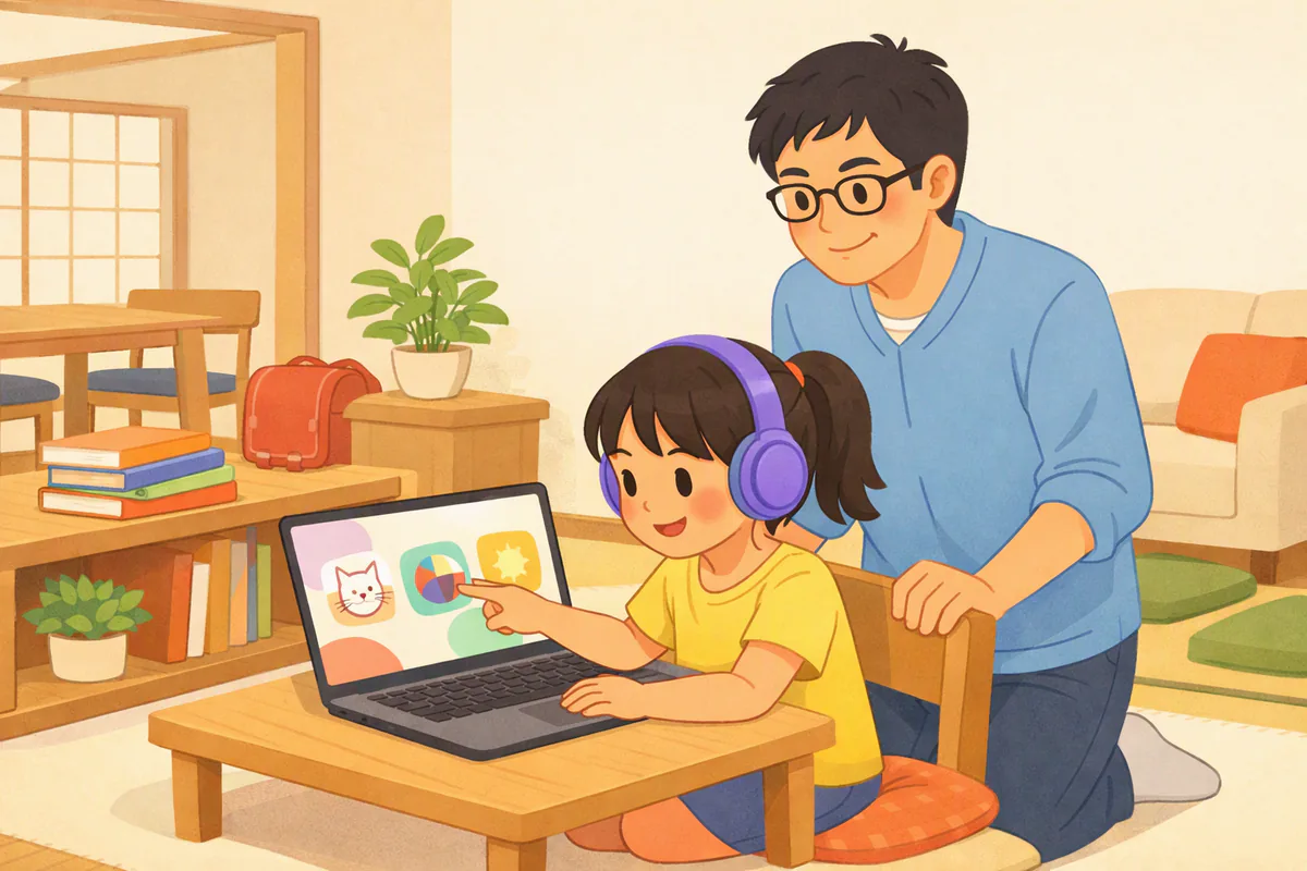 自宅のリビングでヘッドホンをつけた小学2年生くらいの女の子が、パソコンの画面のイラストを見ながら答えを選び、父親が後ろから見守っている様子