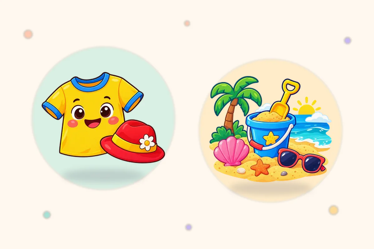 黄色いTシャツと赤いぼうし、海辺のバケツや貝がらとサングラスのイラスト(Lumi Kidsアプリの「ふく」と「うみべ で」の島の絵)