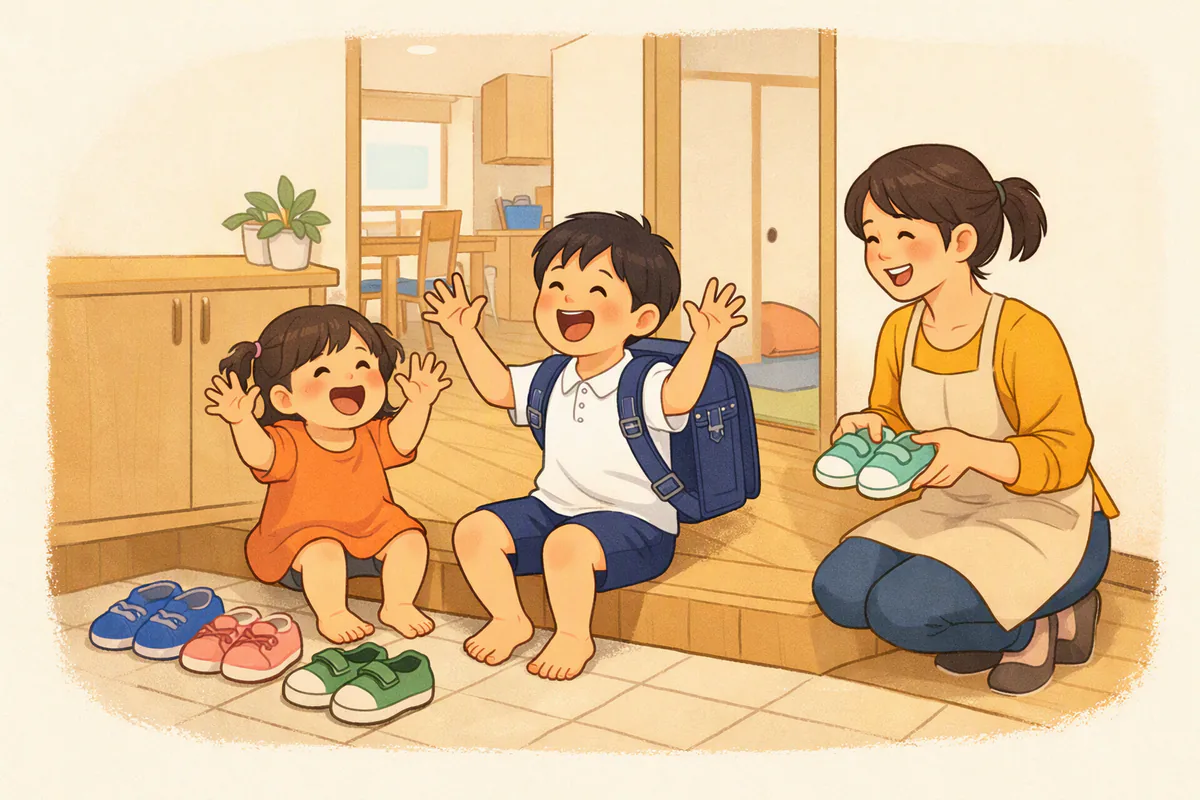 玄関でランドセルを背負った小学3年生くらいの男の子が学校で習った歌を手ぶりつきで歌い、妹がまねをして母親が笑っている