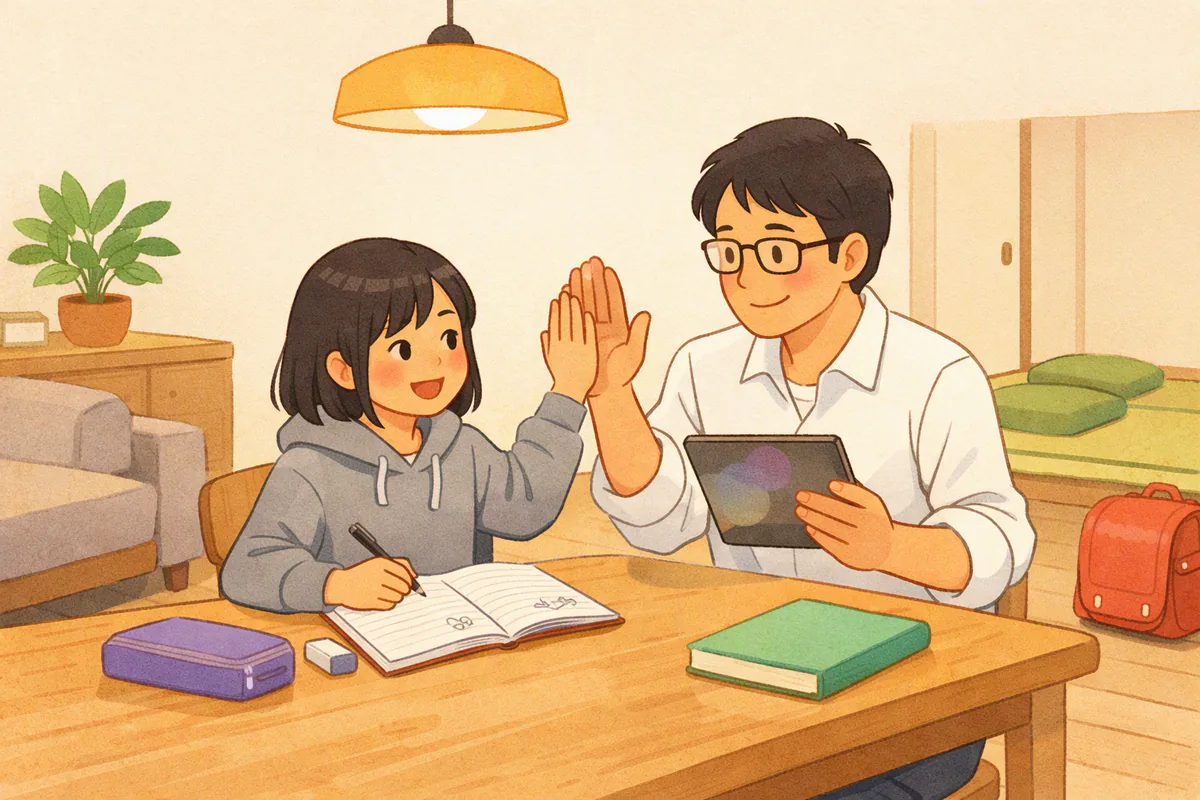 ダイニングで小学5年生くらいの女の子が4本線のノートに書き、隣の父親とハイタッチしている