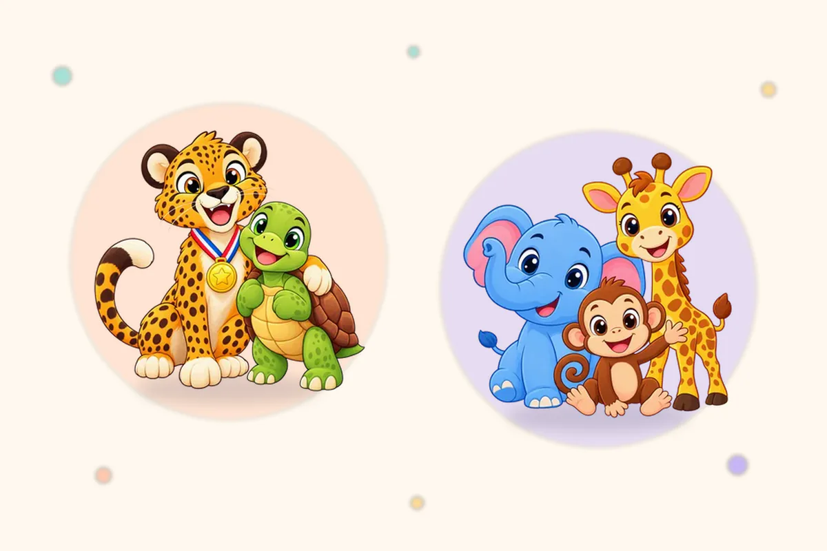速いチーターとゆっくりのカメ、大きなぞうと小さなさるのイラスト(Lumi Kidsアプリの「どうぶつの すごい きろく」と「やせい の どうぶつ」の島の絵)