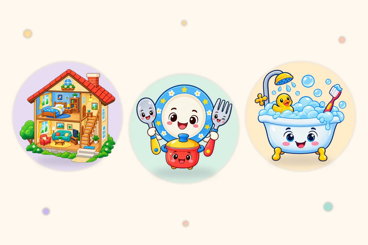 部屋が見える家の断面図と、キッチンの道具、おふろのイラスト(Lumi Kidsアプリの「わたし の いえ」「だいどころ」「おふろ」の島の絵)