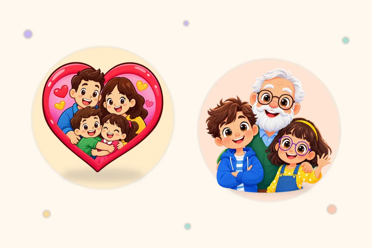 ハートの中で寄りそう家族と、笑顔のおじいさんと子どもたちのイラスト(Lumi Kidsアプリの「わたし の かぞく」と「人」の島の絵)