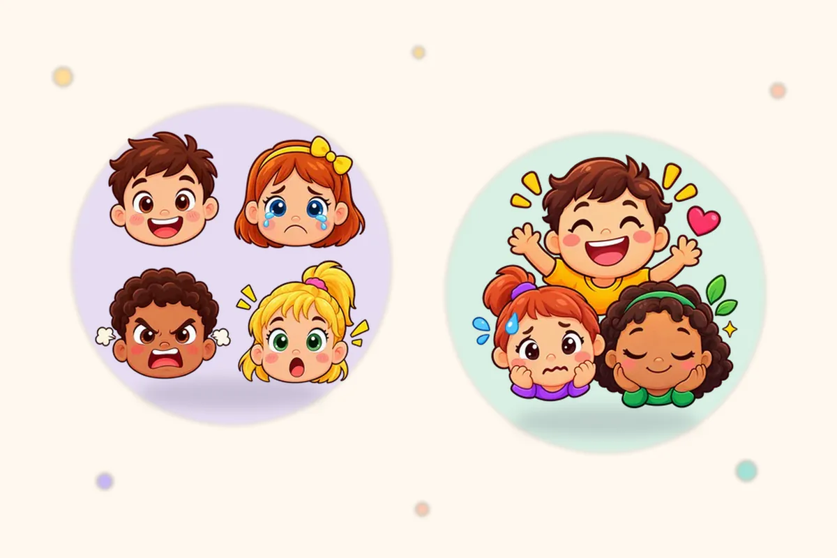 笑う・泣く・おこる・おどろく子どもの顔のイラスト(Lumi Kidsアプリの「きもち」と「いろいろな きもち」の島の絵)