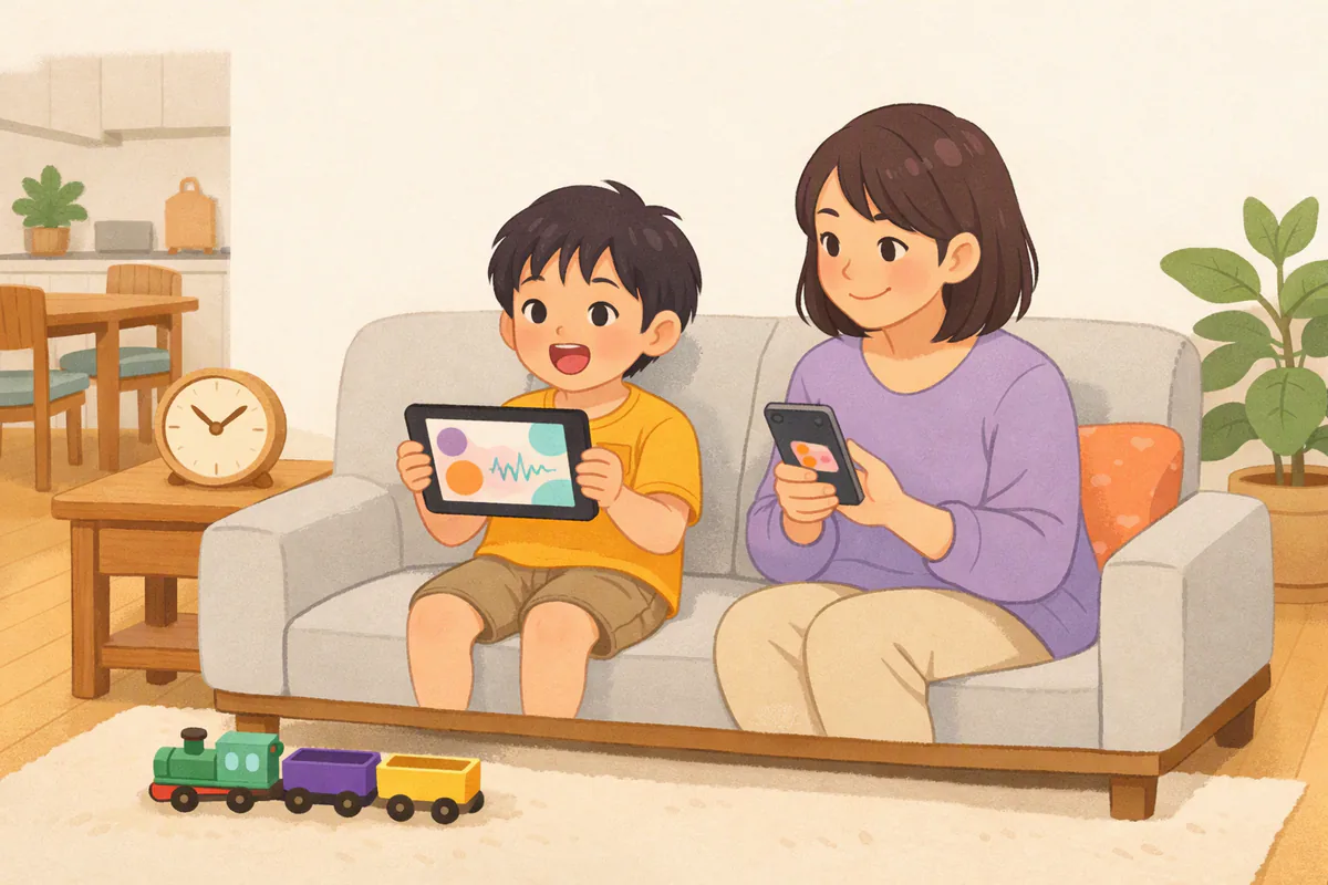 ソファで6歳くらいの男の子がタブレットに向かって話しかけ、隣の母親が設定画面を確認しながら見守っている様子
