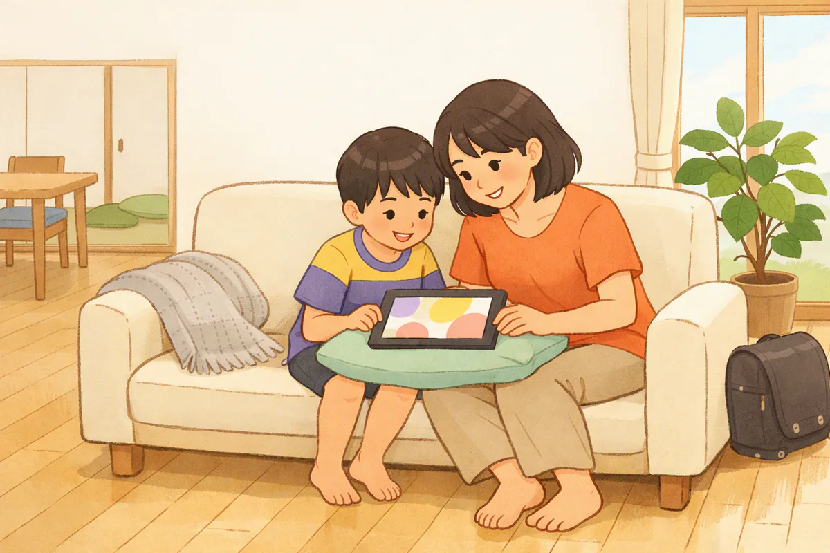 リビングのソファに並んで座り、クッションにのせたタブレットの画面を見ながら笑っている母親と男の子
