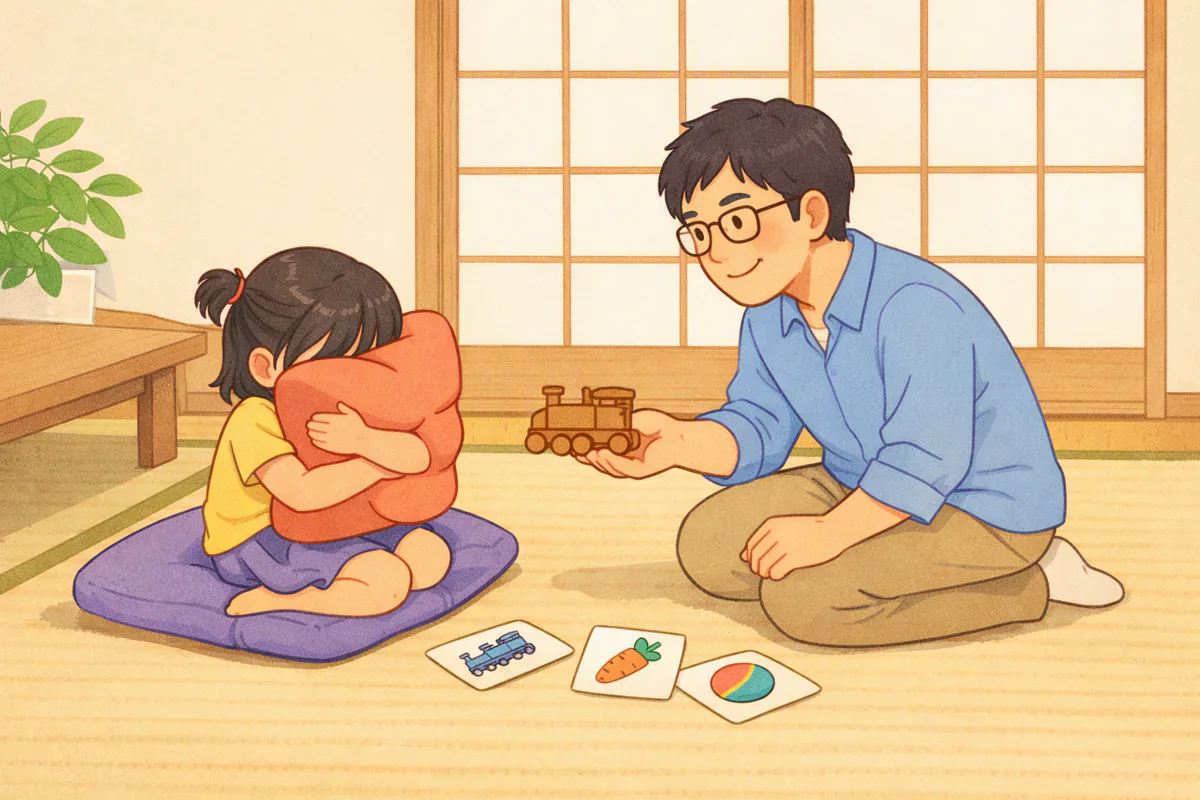 和室で5歳くらいの女の子がクッションに顔をうずめ、そばで父親がおもちゃの電車を手に、やさしく話しかけている様子