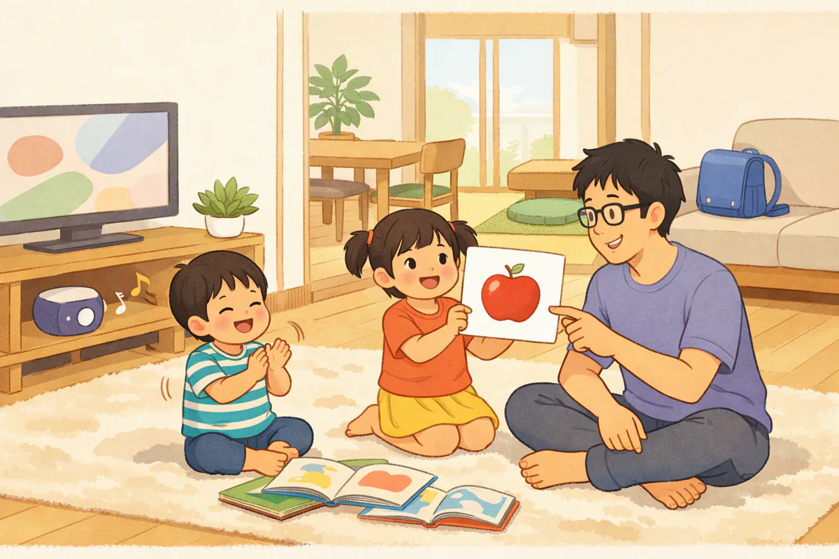 リビングで3歳くらいの弟が英語の歌に合わせて手をたたき、7歳くらいの姉がりんごの絵カードを持って父親に見せている様子