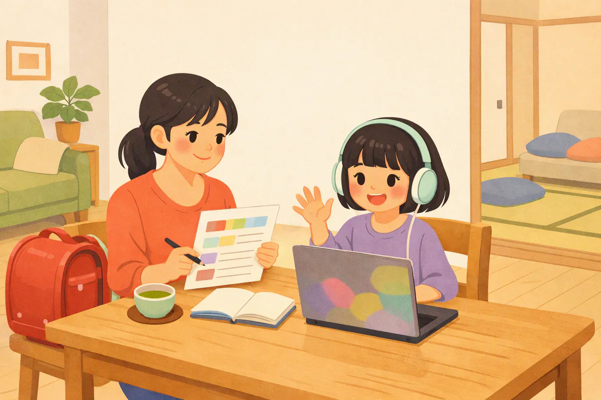 ダイニングテーブルでヘッドホンをつけた女の子がノートパソコンに手を振り、隣で母親が色分けされた資料とペンを手にほほえんでいる様子