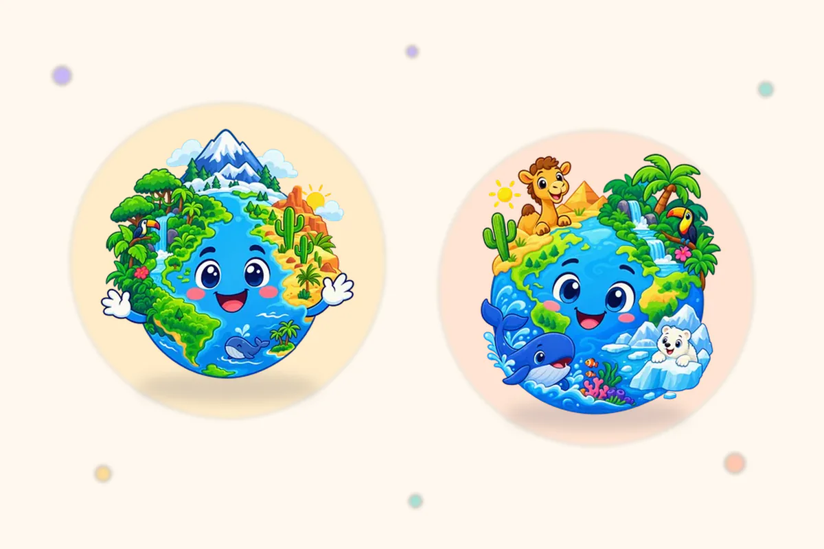 笑顔の地球と、いろいろな場所にすむ動物のいる地球のイラスト(Lumi Kidsアプリの「わたしたちの ちきゅう」と「どうぶつが すむ ところ」の島の絵)