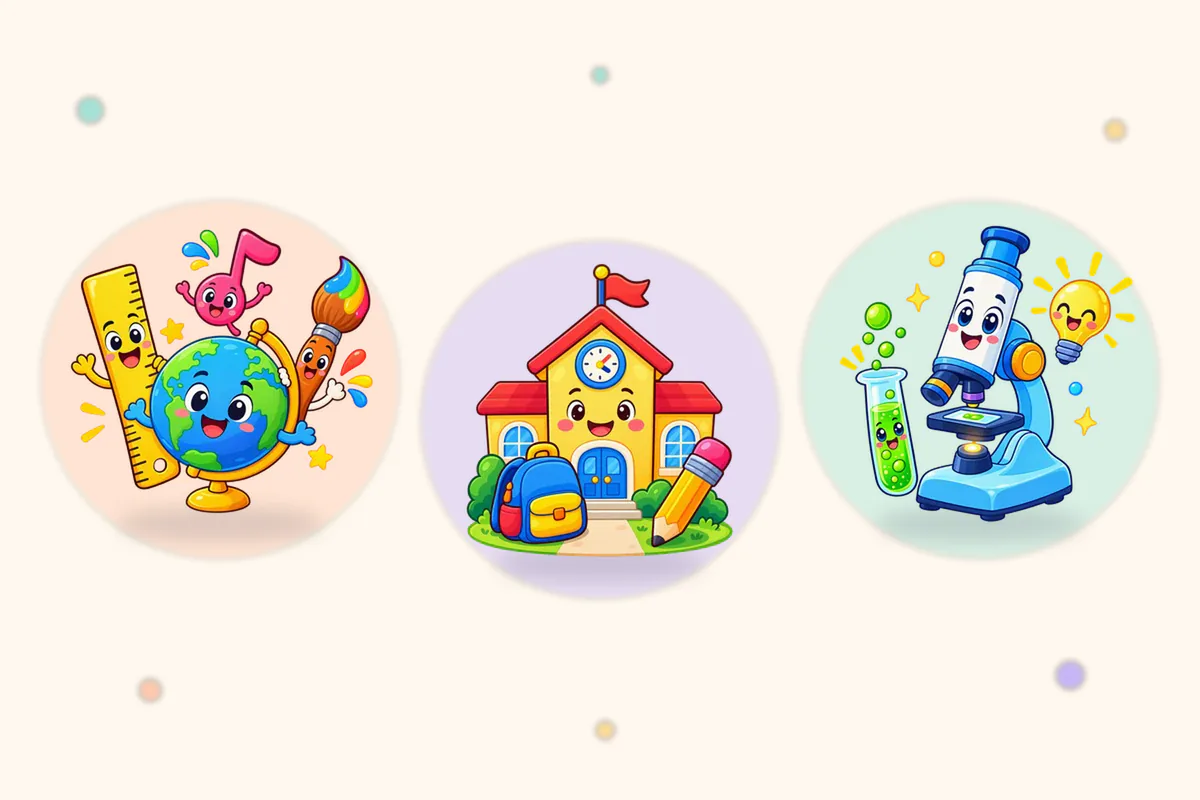 定規・地球儀・絵筆と、黒板やランドセルのある学校、顕微鏡のイラスト(Lumi Kidsアプリの「がっこう の きょうか」「がっこう」「かがくの じっけんしつ」の島の絵)