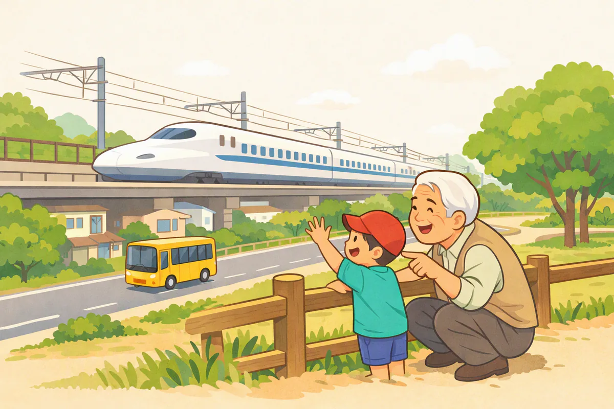 線路沿いの公園で男の子が通りすぎる新幹線に手をふり、隣で祖父が指さして一緒に笑っている