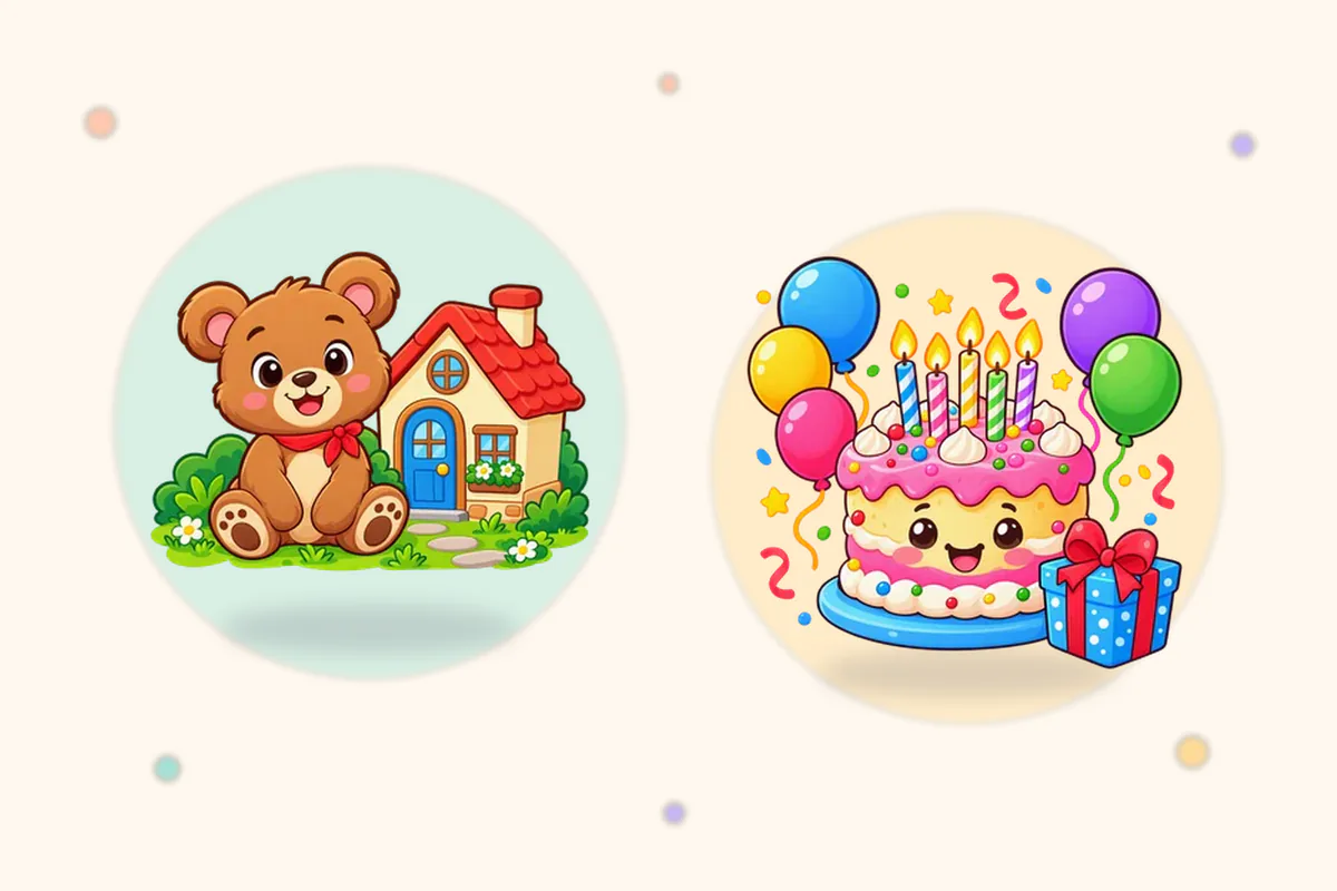 くまのぬいぐるみと赤い屋根の家、誕生日ケーキと風船のイラスト(Lumi Kidsアプリの「おもちゃ と おうち」と「たんじょうび」の島の絵)