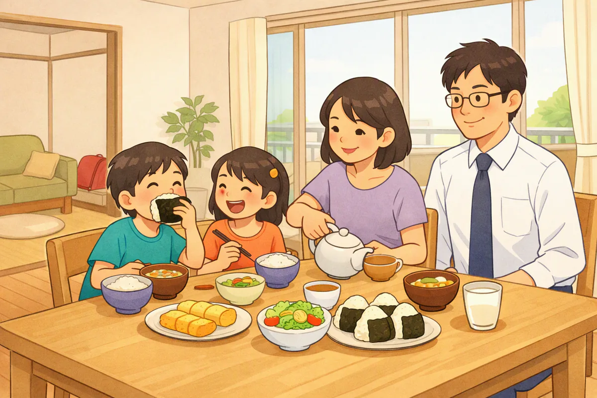 朝ごはんのテーブルにごはん・みそしる・たまご焼き・おにぎり。おにぎりをほおばる男の子と笑う姉、両親