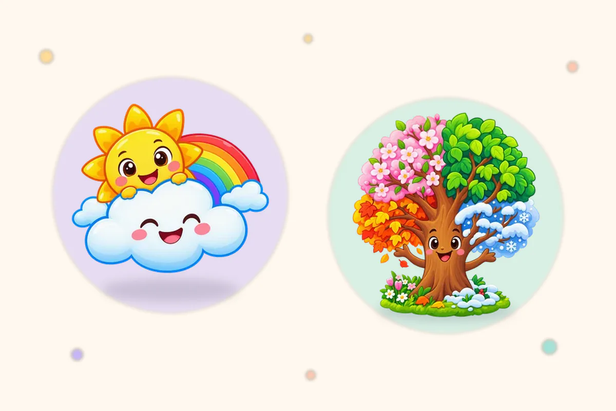 太陽・雲・にじ、四季の木など天気と季節のイラスト(Lumi Kidsアプリの「おてんき」と「きせつ と つき」の島の絵)