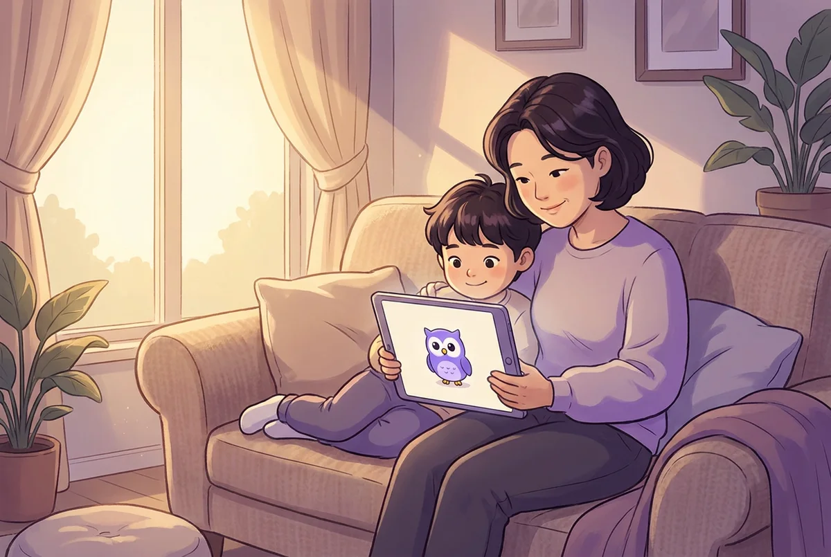 거실 소파에 나란히 앉은 부모와 아이가 태블릿 화면 속 보라색 부엉이 캐릭터를 보며 웃고 있다
