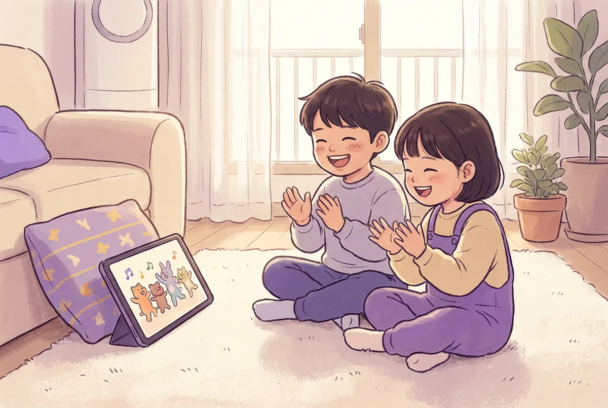 거실 바닥에 앉은 남매가 태블릿으로 영어 노래 영상을 보며 신나게 손뼉을 치고 있다