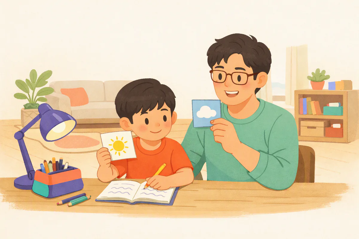 책상에서 4학년 아이가 그림 카드를 보며 공책에 단어를 따라 쓰고, 아빠가 옆에서 카드를 들어 보이며 웃고 있다