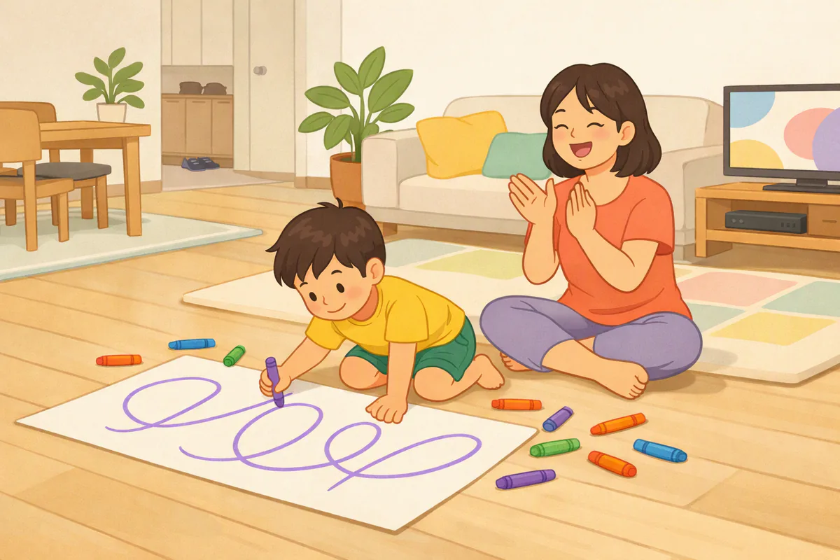 거실 바닥에서 아이가 큰 종이에 크레파스로 구불구불한 선을 따라 그리고, 엄마가 옆에서 손뼉을 치며 노래하고 있다