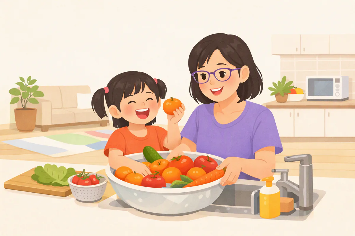 부엌 조리대에서 엄마와 아이가 귤, 사과, 감, 당근, 오이를 씻고, 아이가 귤 하나를 들어 보이며 웃고 있다