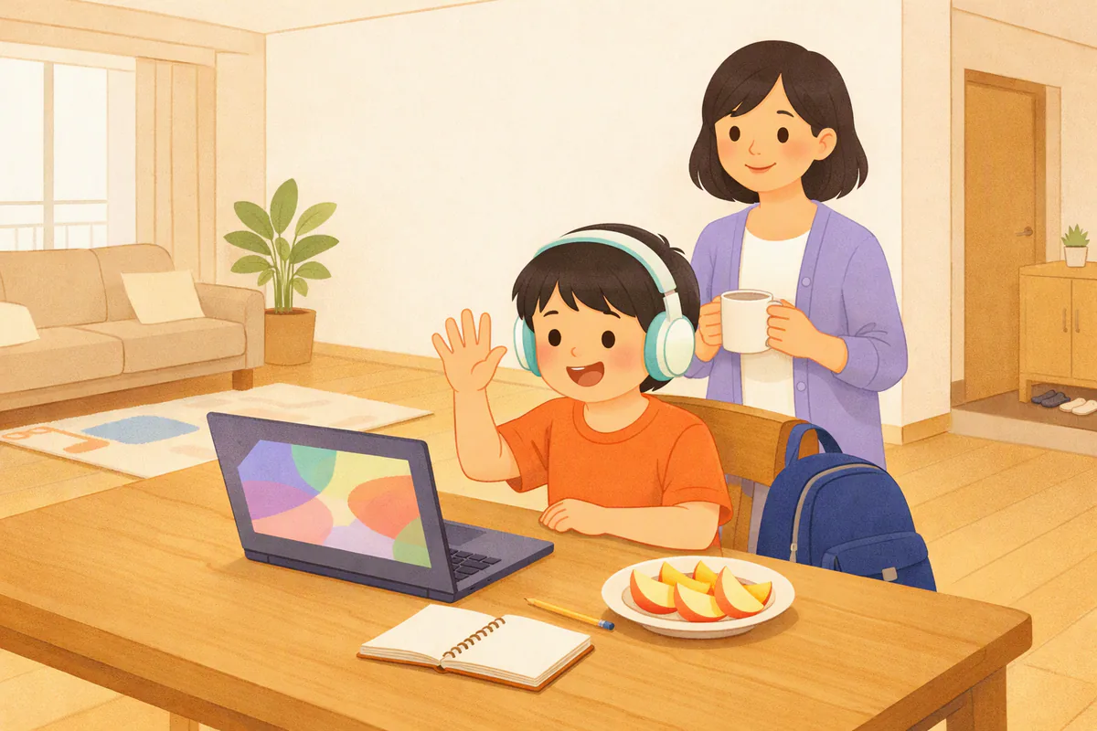 식탁에서 헤드셋을 쓴 초등학생이 노트북 화상 수업 화면을 향해 손을 흔들고, 엄마가 뒤에서 미소 짓고 있다