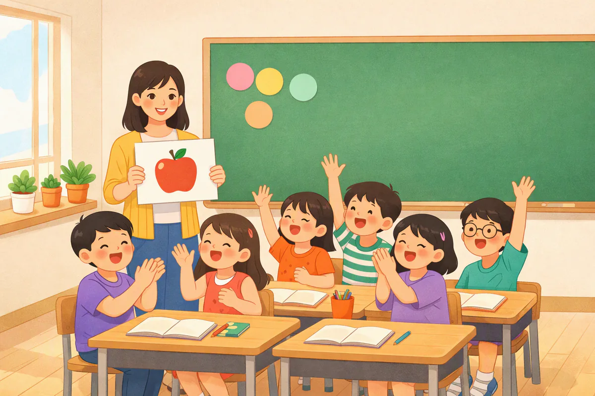 초등학교 교실에서 3학년 아이들이 손을 들고 선생님과 영어 노래를 부르며 웃고 있다