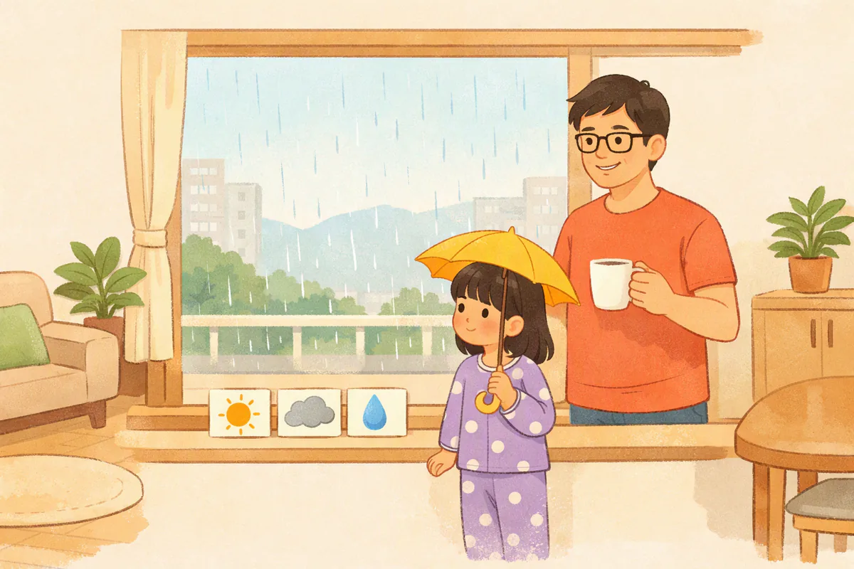 아침 창가에서 잠옷 차림의 아이가 노란 우산을 들고 비 오는 바깥을 내다보고, 창틀에 해·구름·빗방울 그림 카드가 놓여 있다