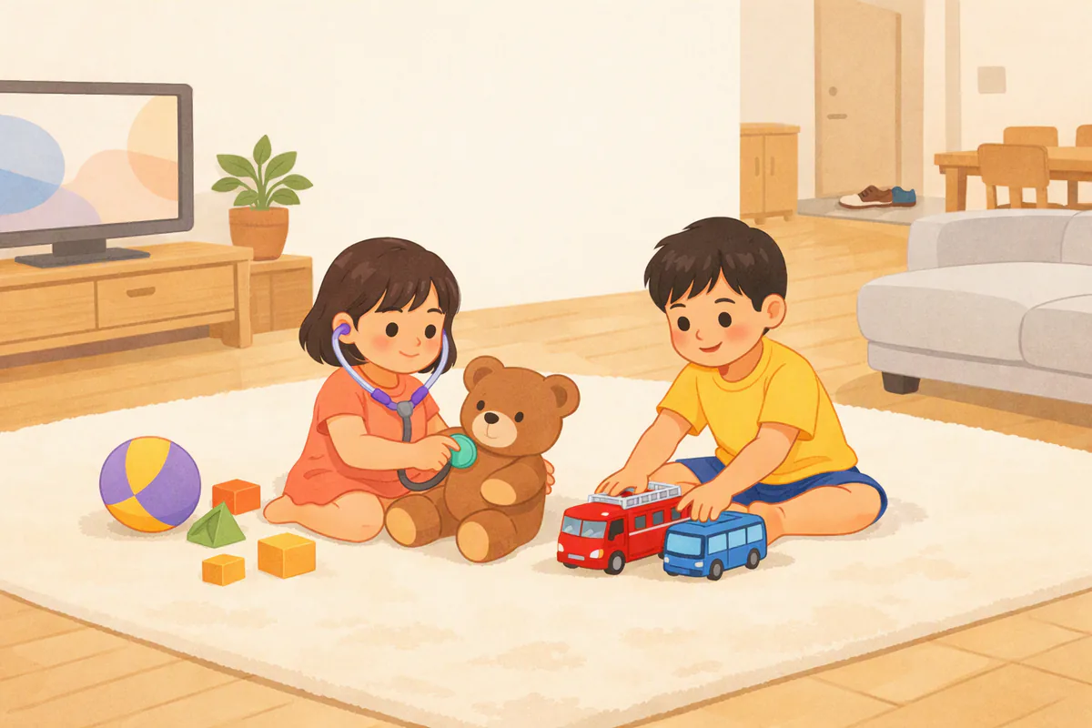 거실 러그에서 남자아이가 장난감 소방차와 버스를 굴리고, 여동생이 장난감 청진기로 곰 인형을 진찰하고 있다
