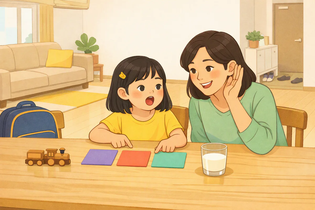 식탁에서 아이가 색깔 카드 세 장을 기차처럼 늘어놓고 하나씩 짚으며 소리 내어 말하고, 엄마가 귀를 기울이며 웃고 있다