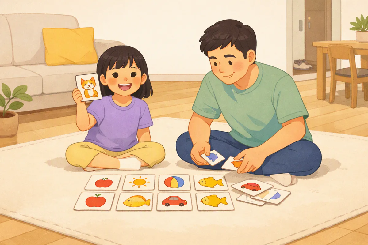 거실 바닥에 그림 단어 카드를 바둑판처럼 늘어놓고 아이가 고양이 그림 카드를 들어 보이며 웃고, 아빠가 옆에서 카드를 정리하고 있다