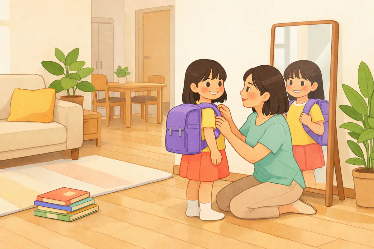 거실 거울 앞에서 새 책가방을 메 본 아이가 웃고, 엄마가 무릎을 꿇고 앉아 가방끈을 맞춰 주고 있다