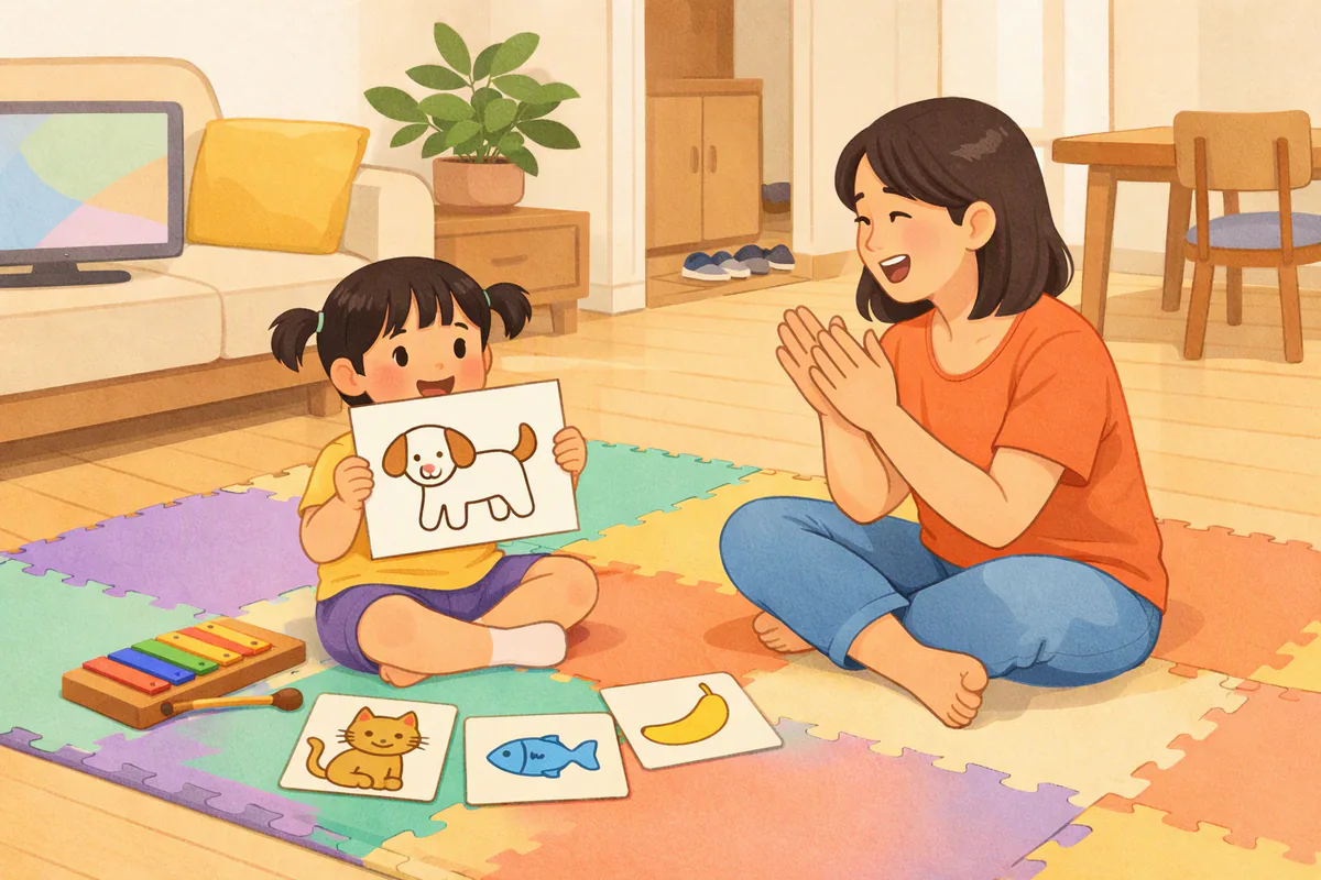 놀이 매트에 앉은 다섯 살쯤 된 아이가 동물 그림 카드를 들고 웃고, 엄마가 마주 앉아 손뼉을 치고 있다
